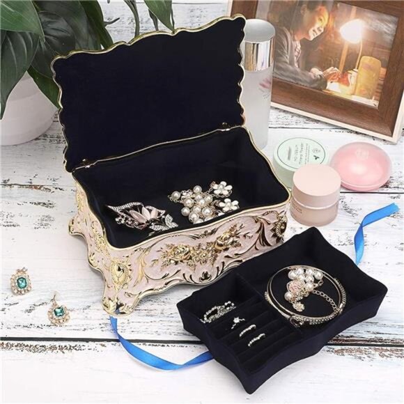 Vintage Metal Jewelry Box - Two Layer Rectangular Trinket Organizer Storage Box - Picture 3 of 8